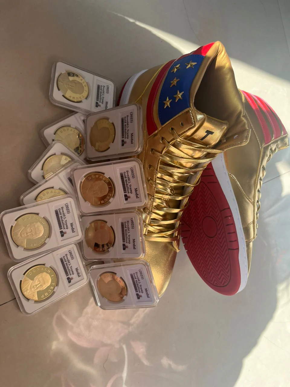 Trump High Top Sneakers + 10 x 2025 Gold Trump Coins - Golden 47 President Bundle - Image 3